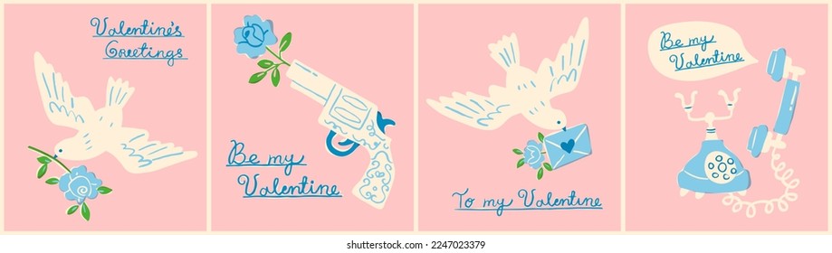 Valentine's Day hand drawn elements such as doves with flowers, a gun and a telephone. Romantic banner, post card or poster design. Hand drawn elements in trendy retro style.