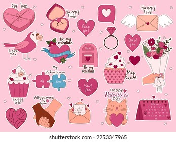 Valentine's Day Hand drawn elements for posters, greeting cards, banners and invitations. Big sticker set of heart, sweets, coffee, cupcake, key, candy, letter, diamond, flower, gift, balloon, kiss, a