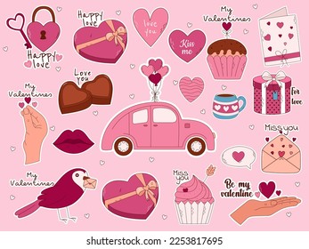 Valentine's Day Hand drawn elements for posters, greeting cards, banners and invitations. Big sticker set of heart, sweets, coffee, cupcake, key, candy, letter, diamond, flower, gift, balloon, kiss, a