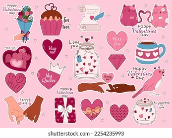 Valentine's Day Hand drawn elements for posters, greeting cards, banners and invitations. Big sticker set of heart, sweets, coffee, cupcake, key, candy, letter, diamond, flower, gift, balloon, kiss, a