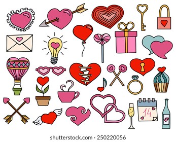 Valentines day hand drawn elements set with hearts and romantic symbols