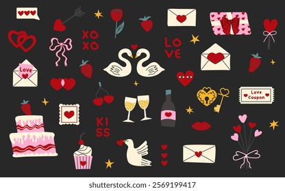 Valentine's day hand drawn elements set. Hearts, envelope, floral bouquets, candy, sweet, bow, swan, dove, champagne. Design concept for 14 February. 