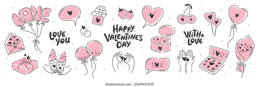 Valentine's day hand drawn elements set.  Design concept for 14 February. Heart, gifts, cherry, strawberry, balls. Vector illustration for cards, posters, stickers,  decoration, Valentines card.