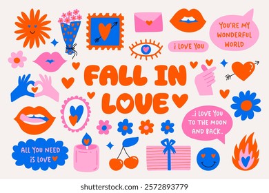 Valentine's Day hand drawn elements set. Template for a set of stickers, greeting cards, posters, planners. Vector collection of love symbols and quotes about love.