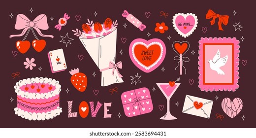 Valentines day hand drawn elements set. Trendy vintage stickers. Heart, bouquet of flowers, gift, bow, sweet cake and cherry. Vector modern illustration.