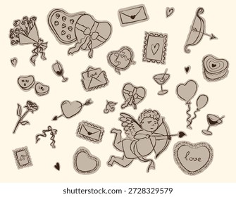 Valentines dia mão desenhado elementos conjunto. Adesivos da moda vintage. Coração, buquê de flores, presente, arco, bolo doce e cereja. Ilustração moderna de vetor.