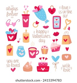 Valentines Day Hand Drawn Flat Color Vector Set. Design Elements and Clipart for Valentine Day Collection. Cute Colorful Illustration of Cake, Love Drink, Lips Kisses, Ring, Envelope, Hearts.