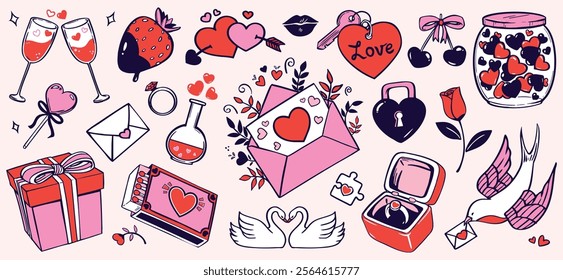 Valentine's day hand drawn flat elements. colorful love symbols and objects. trendy doodle illustration clip art collection