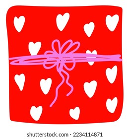 Valentine's day hand drawn gift box with ribbon and hearts,top view illustration,silhouette of holiday romantic present, element for birthday decoration, planner,wedding celebration