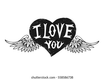 Valentines Day hand drawn heart with type design, I love you