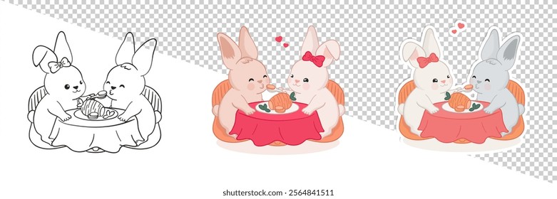 Valentine's day hand drawn illustration set with cute chubby bunnies sitting together at table with a big carrot on it. One rabbit feeds the other from a spoon. Sticker, outline art and cartoon doodle