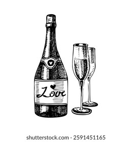 Valentine's Day hand drawn illustration, vintage vector sketch of champagne and glasses on white background