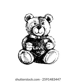 Valentine's Day hand drawn illustration, vintage sketch of toy teddy bear on white background