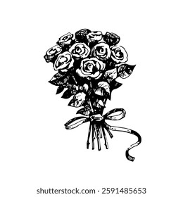Valentine's Day hand drawn illustration, vintage sketch of floral bouquet with roses on white background