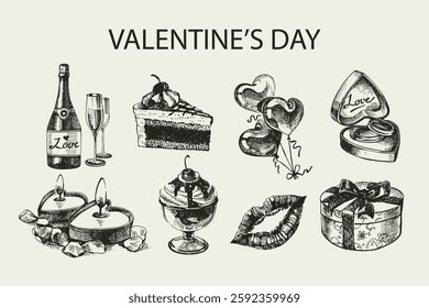 Valentine's Day hand drawn illustration set, vintage vector sketch on white background