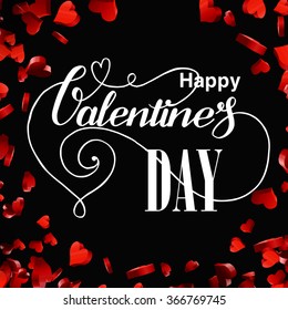 Valentines day hand drawn lettering card on red heart background 