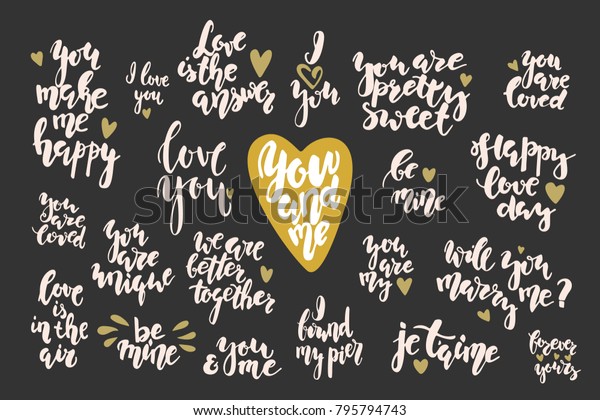 Valentine\'s day hand drawn lettering inspirational\
quotes set. Stock\
vector