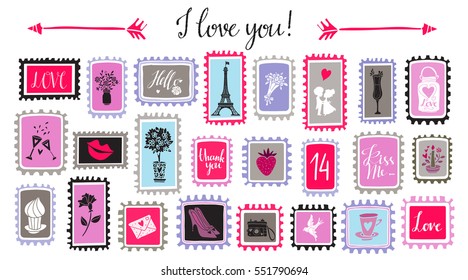 Valentines day hand drawn marks set isolated on white background. Hand written font, lettering, arrows