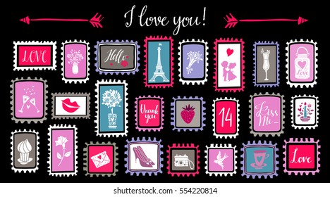 Valentines day hand drawn marks set isolated on white background. Hand written font, lettering, arrows