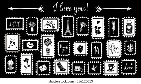 Valentines day hand drawn marks set isolated on white background. Hand written font, lettering, arrows