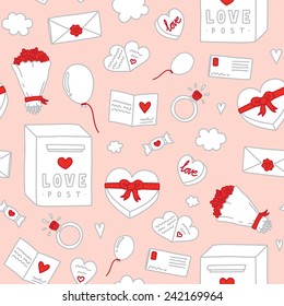 Valentines Day hand drawn objects seamless vector pattern (pink)