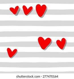 Valentine's Day Hand Drawn pattern with Red Hearts on a Striped Gray background. Creative abstract heart seamless pattern. Doodle illustration.