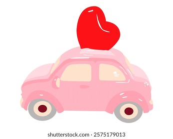 Valentine's Day Hand Drawn Pink Car with Red Heart isolated on white. Ceramic style vector illustration. Left side view.