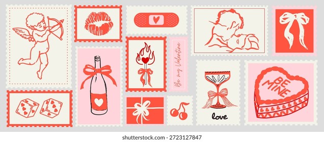 Sellos de poste dibujados a mano del día de San Valentín en estilo del boceto del doodle. Elementos postales de invitación de Boda para posters, carteles o postales. Ilustraciones vectoriales de amor para el correo, cartas y scrapbook. 