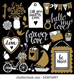 Valentines day hand drawn, scrapbooking design elements, icons set isolated on black background. Hand written font, lettering