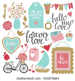 Valentines day hand drawn, scrapbooking design elements, icons set isolated on white background. Hand written font, lettering
