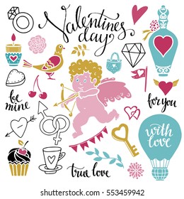 Valentines day hand drawn, scrapbooking design elements, icons set isolated on white background. Hand written font, lettering