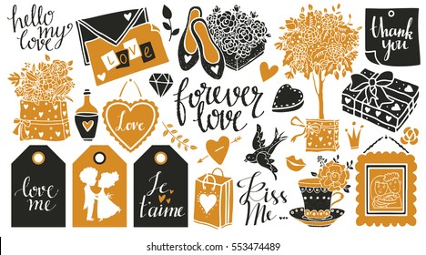 Valentines day hand drawn, scrapbooking design elements, icons set isolated on black background. Hand written font, lettering