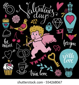 Valentines day hand drawn, scrapbooking design elements, icons set isolated on white background. Hand written font, lettering