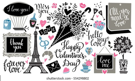 Valentines day hand drawn, scrapbooking design elements, icons set isolated on black background. Hand written font, lettering
