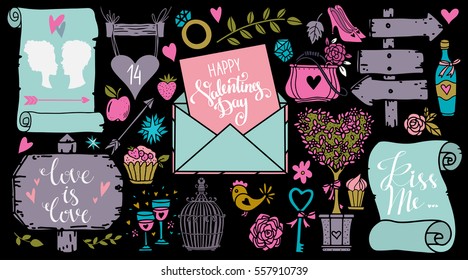 Valentines day hand drawn, scrapbooking design elements, icons set isolated on black background. Hand written font, lettering