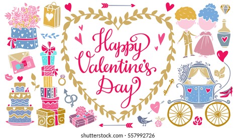 Valentines day hand drawn, scrapbooking design elements, icons set isolated on black background. Hand written font, lettering