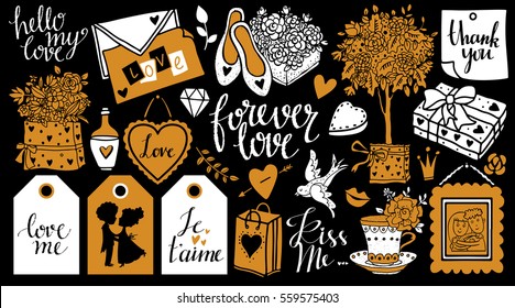 Valentines day hand drawn, scrapbooking design elements, icons set isolated on black background. Hand written font, lettering