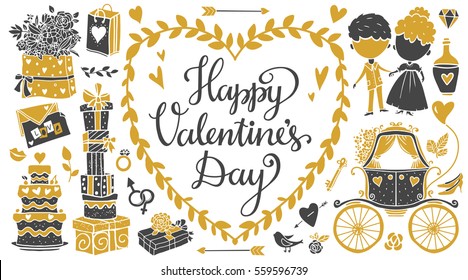 Valentines day hand drawn, scrapbooking design elements, icons set isolated on black background. Hand written font, lettering
