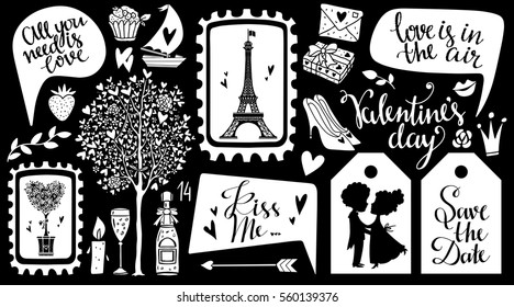 Valentines day hand drawn, scrapbooking design elements, icons set isolated on black background. Hand written font, lettering