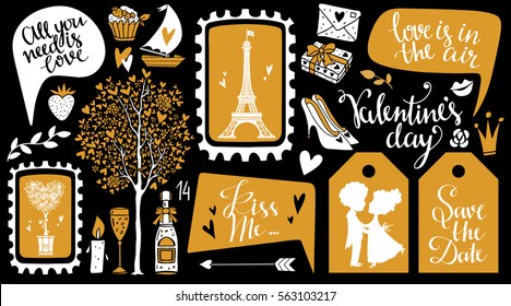 Valentines day hand drawn, scrapbooking design elements, icons set isolated on black background. Hand written font, lettering
