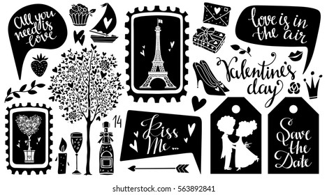 Valentines day hand drawn, scrapbooking design elements, icons set isolated on black background. Hand written font, lettering