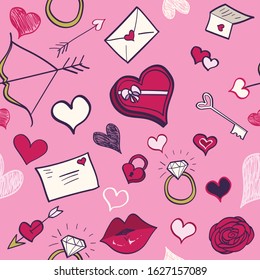 Valentine's Day Hand Drawn Seamless Pattern Pink Background