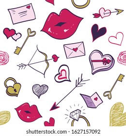 Valentine's Day Hand Drawn Seamless Pattern Transparent Background