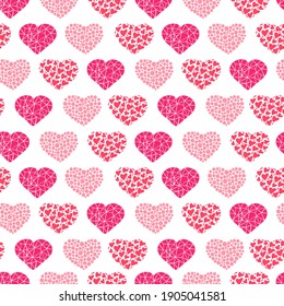Valentine's Day hand drawn seamless pattern of cute pink heart shapes. Love symbol. Colorful romantic doodle sketch illustration for greeting card, invitation, wallpaper, wrapping paper, fabric