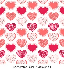 Valentine's Day hand drawn seamless pattern of cute red heart shapes, love symbol. Colorful romantic doodle sketch illustration for greeting card, invitation, wallpaper, wrapping paper, fabric