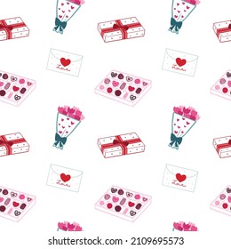 Valentines day hand drawn seamless pattern with love letter, flower bouquet, gift box, chocolate box. Romantic repeat texture on white background. Vector illustration