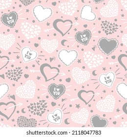 Valentine's Day hand drawn seamless pattern of cute hearts shape with stars, moon, text. Romantic doodle sketch vector. Decorative illustration for greeting card, wallpaper, wrapping paper, fabric