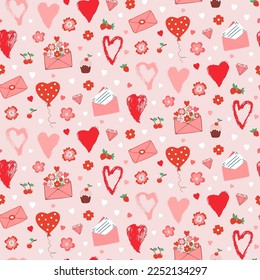 Valentine's Day hand drawn seamless pattern of heart, flower, envelope, balloon, cake. Love symbol. Marker and brush heart. Colorful romantic doodle sketch illustration for wallpaper, wrapping paper
