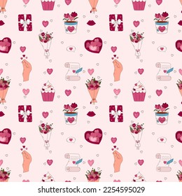 Valentine's Day Hand drawn seamless pattern. Letter, heart, cupcake, mug, puzzle and other elements.