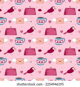 Valentine's Day Hand drawn seamless pattern. Calendar, heart, letter, mug, bird and other elements.